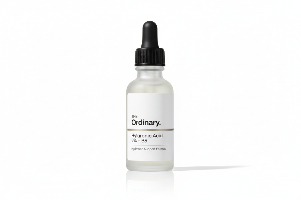 The Ordinary Hyaluronic Acid serum bottle on pure white background, clinical minimalism photography, soft shadow, studio lighting, professional product photo, high resolution
