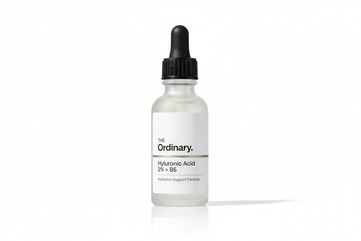 The Ordinary Hyaluronic Acid serum bottle on pure white background, clinical minimalism photography, soft shadow, studio lighting, professional product photo, high resolution